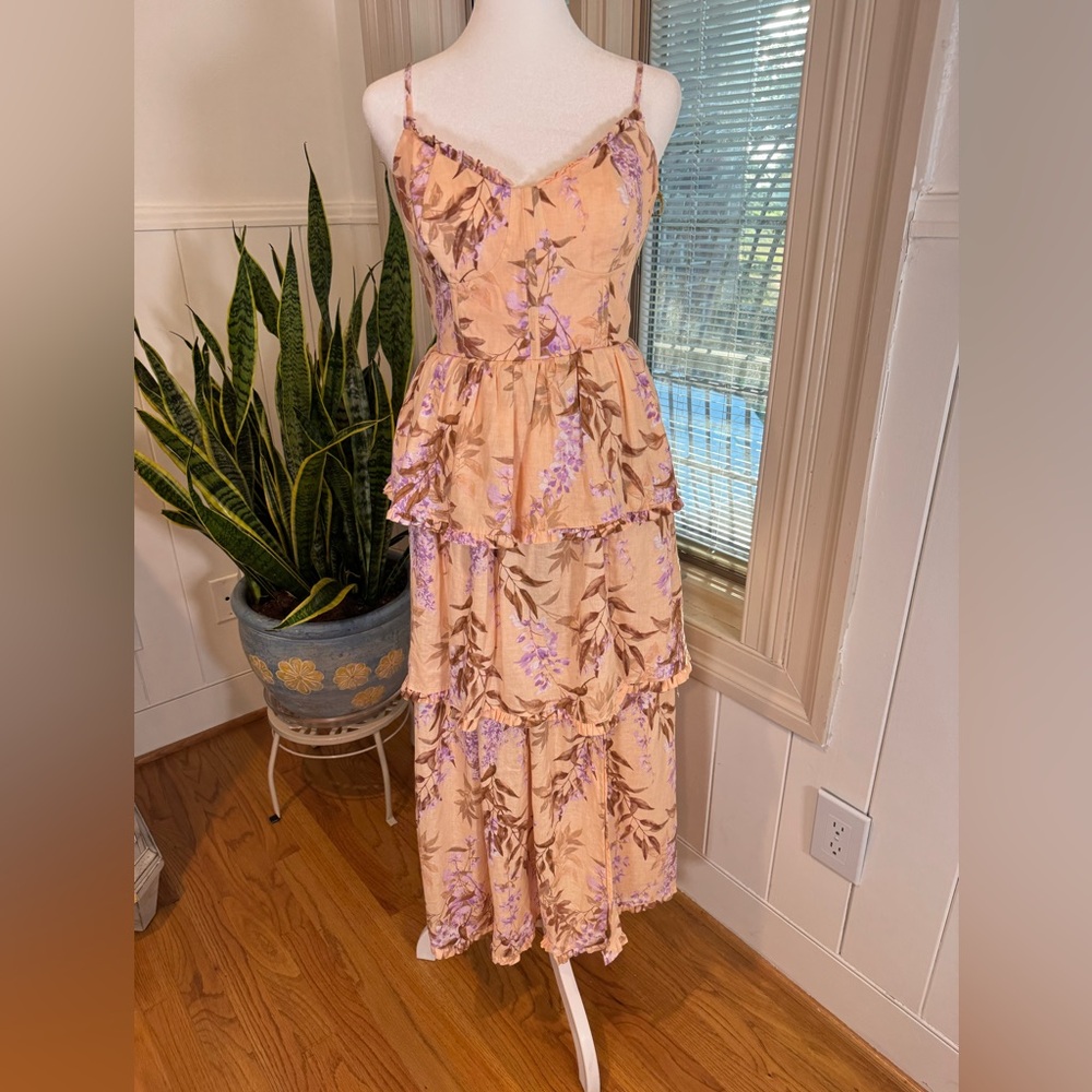 House of Harlow 1960 Corset Tiered Floral Linen Midi Dress